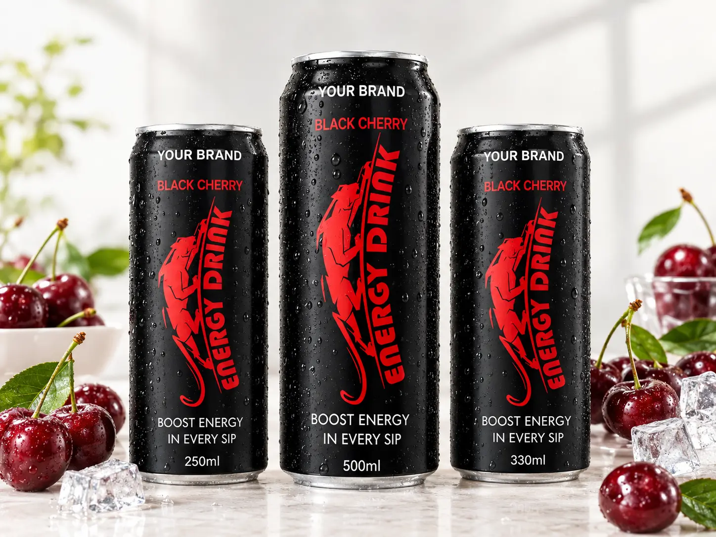 ENERGY DRINK Black Cherry flavour in 250ml, 500ml and 330ml cans.